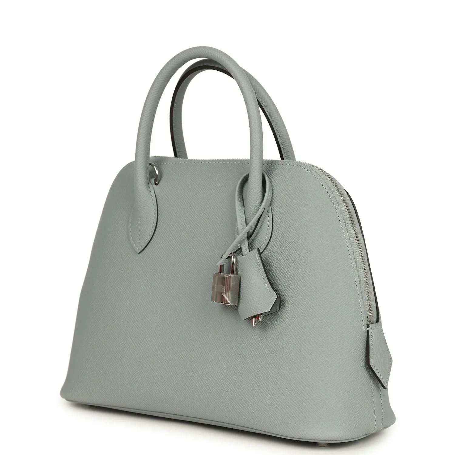 Light gray leather Bolide bag with top handles, lock charm and side hardware