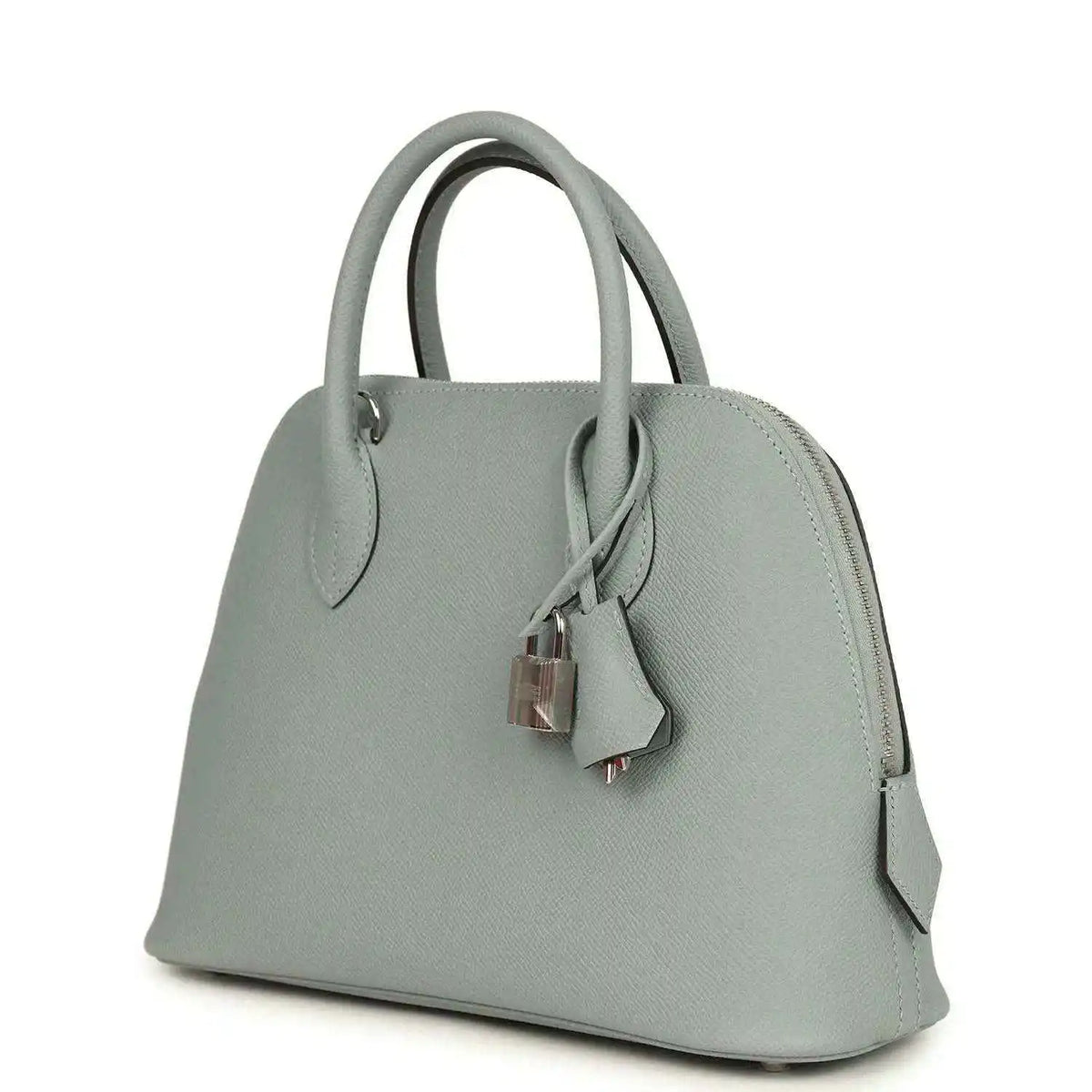 Light gray leather Bolide bag with top handles, lock charm and side hardware