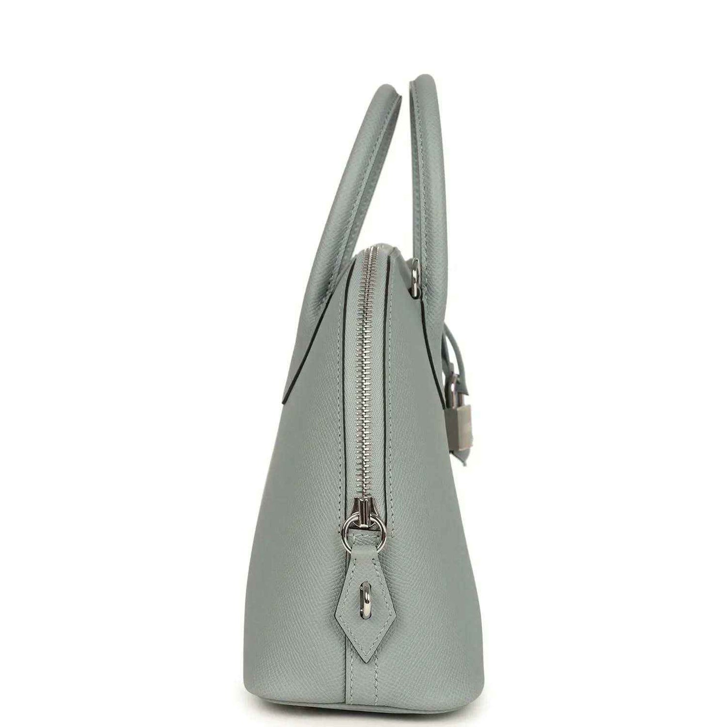 Light gray leather Bolide bag side view with zip top and lock charm detail
