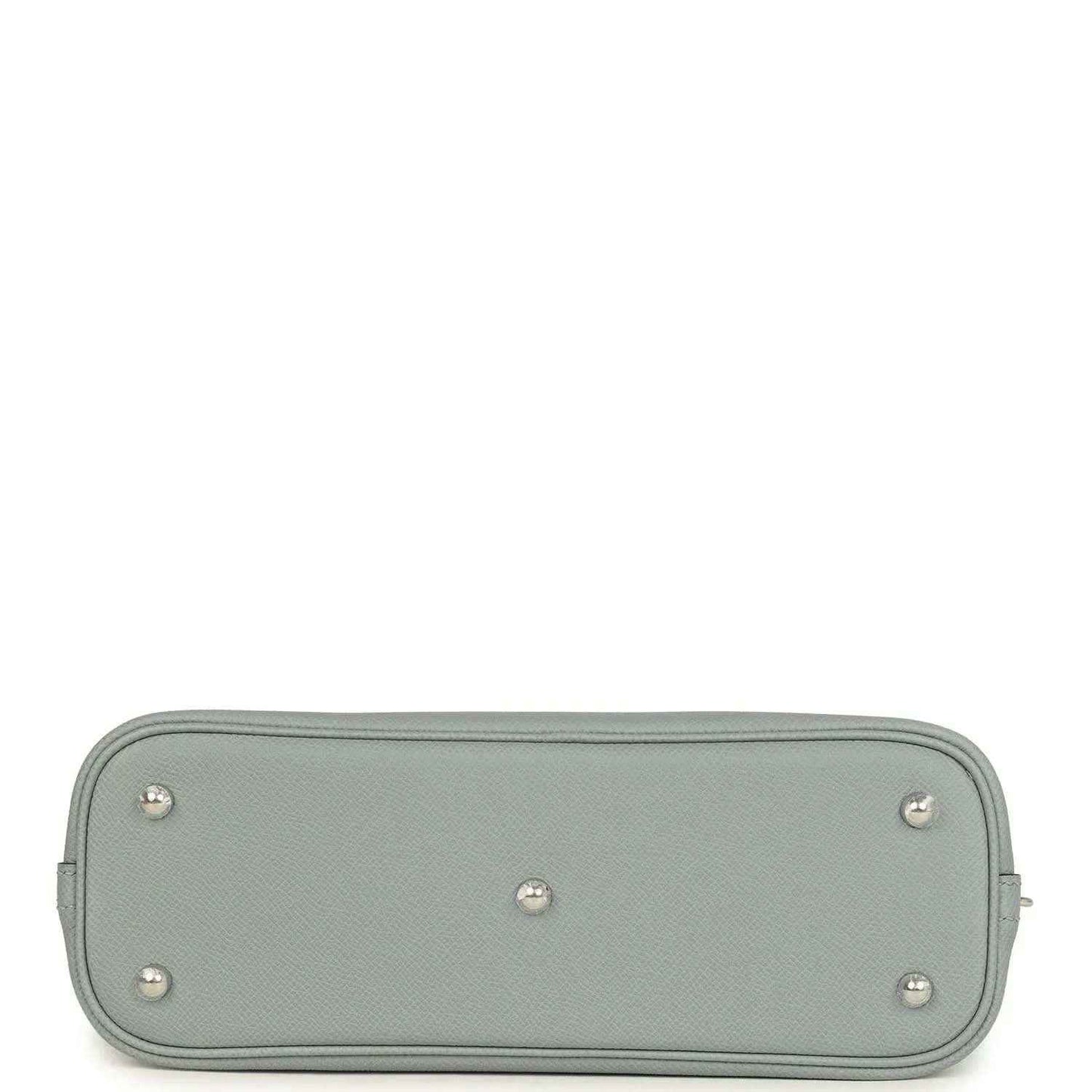 Light gray leather Bolide bag bottom with metal feet and stitched zip trim