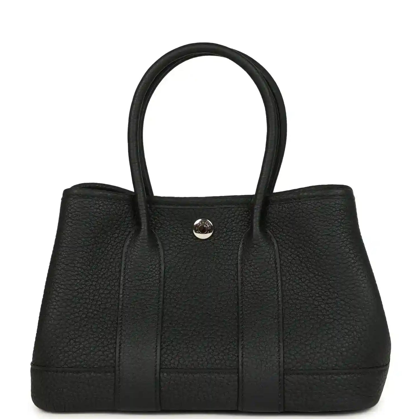 Black leather tote bag with top handles and central snap closure