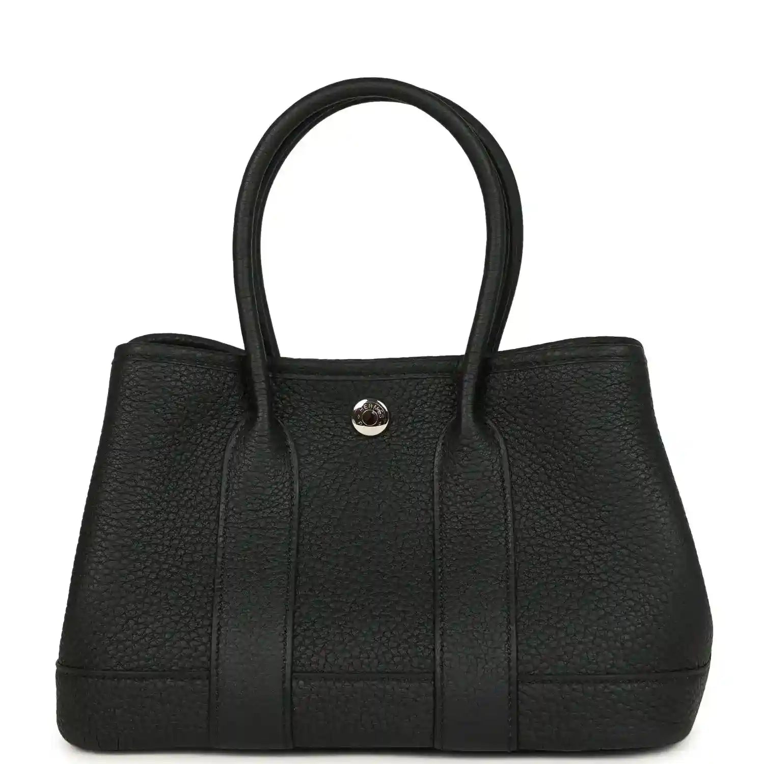 Black leather tote bag with top handles and central snap closure