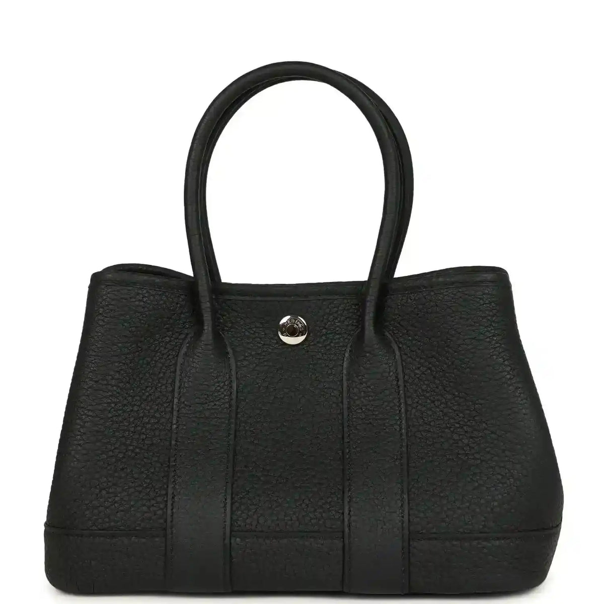 Black leather tote bag with top handles and central snap closure