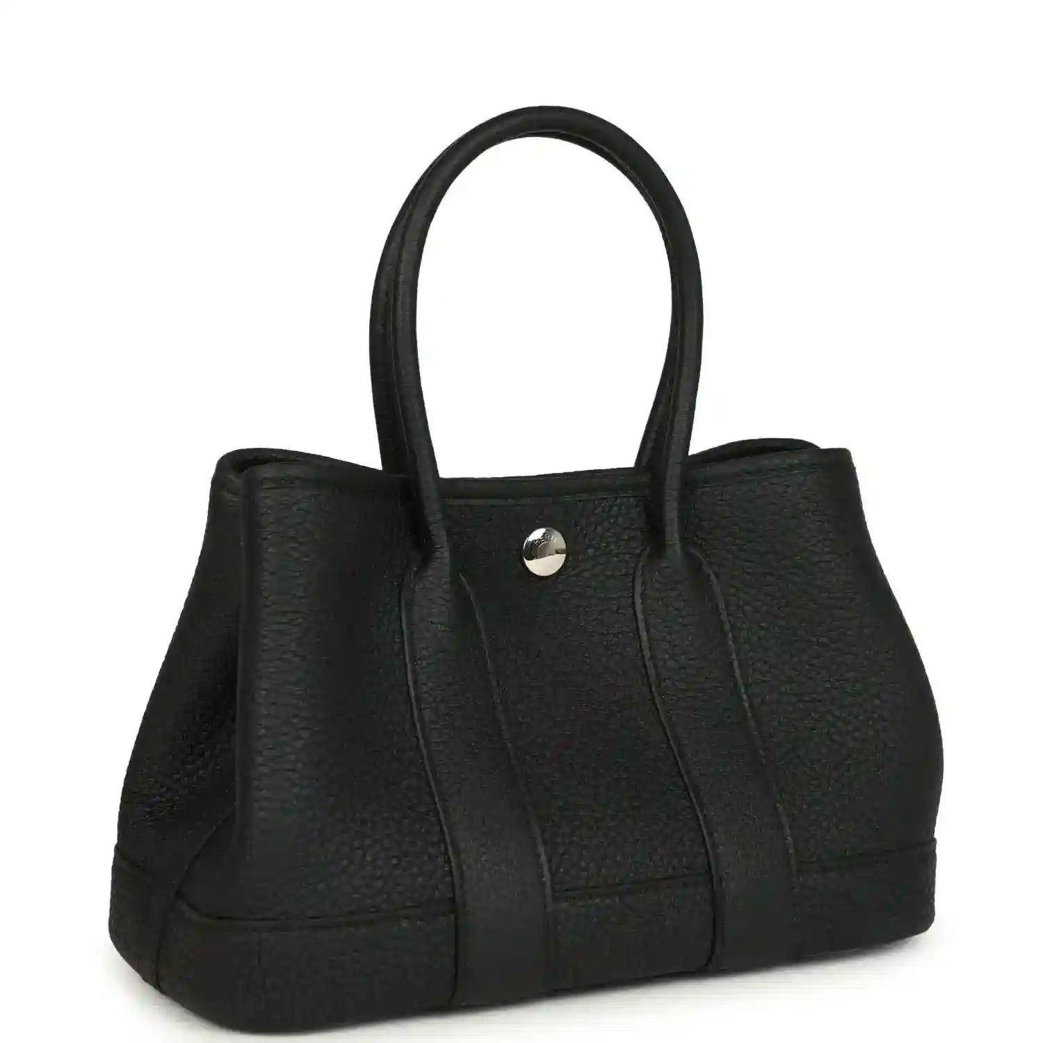 Black leather tote bag with top handles, side panels, and snap button