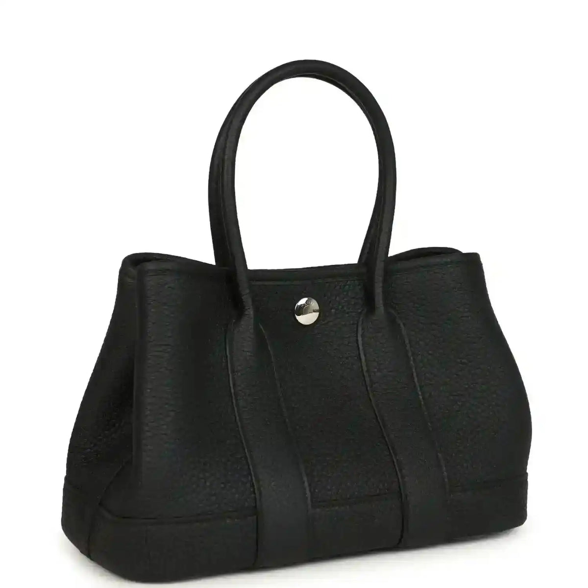 Black leather tote bag with top handles, side panels, and snap button