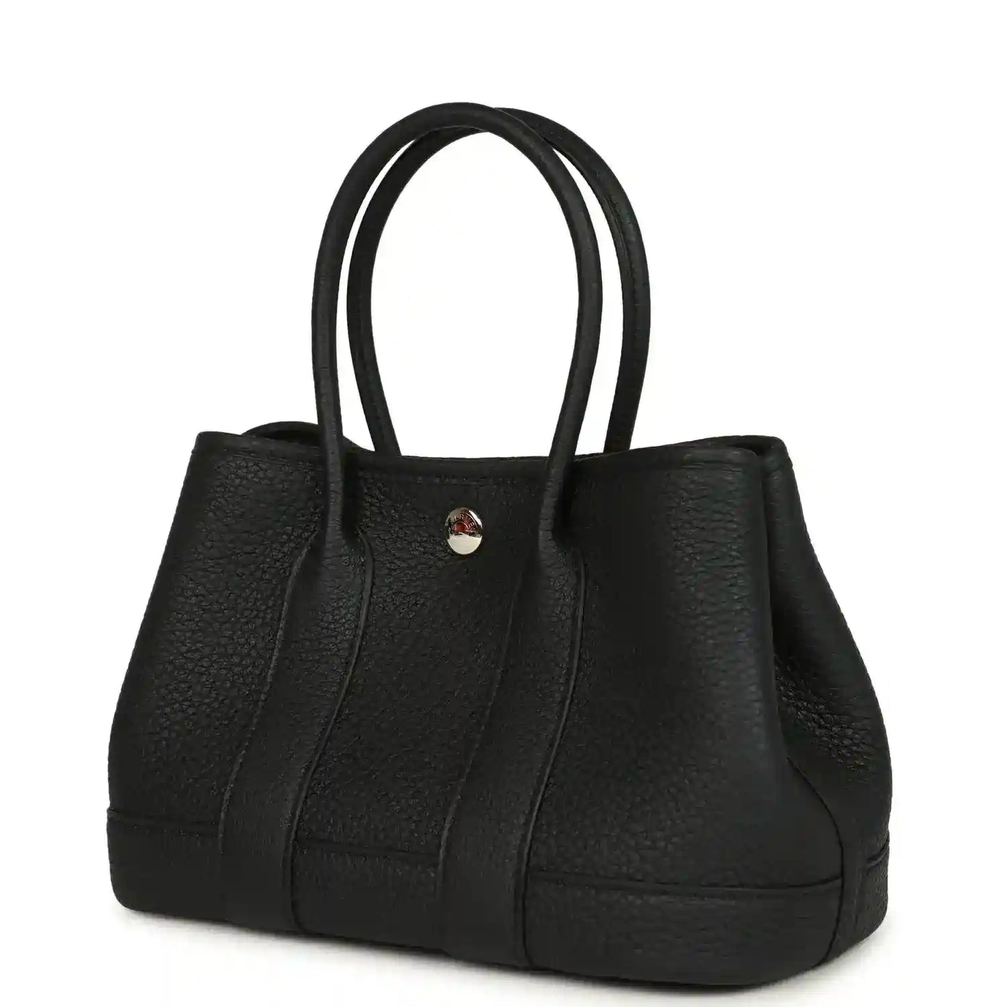 Black leather tote bag with top handles and central snap hardware