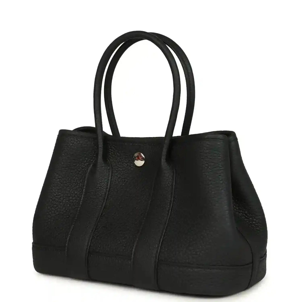 Black leather tote bag with top handles and central snap hardware