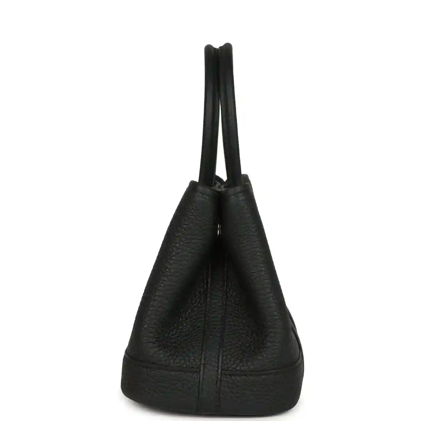 Black leather tote bag with structured bottom and dual top handles