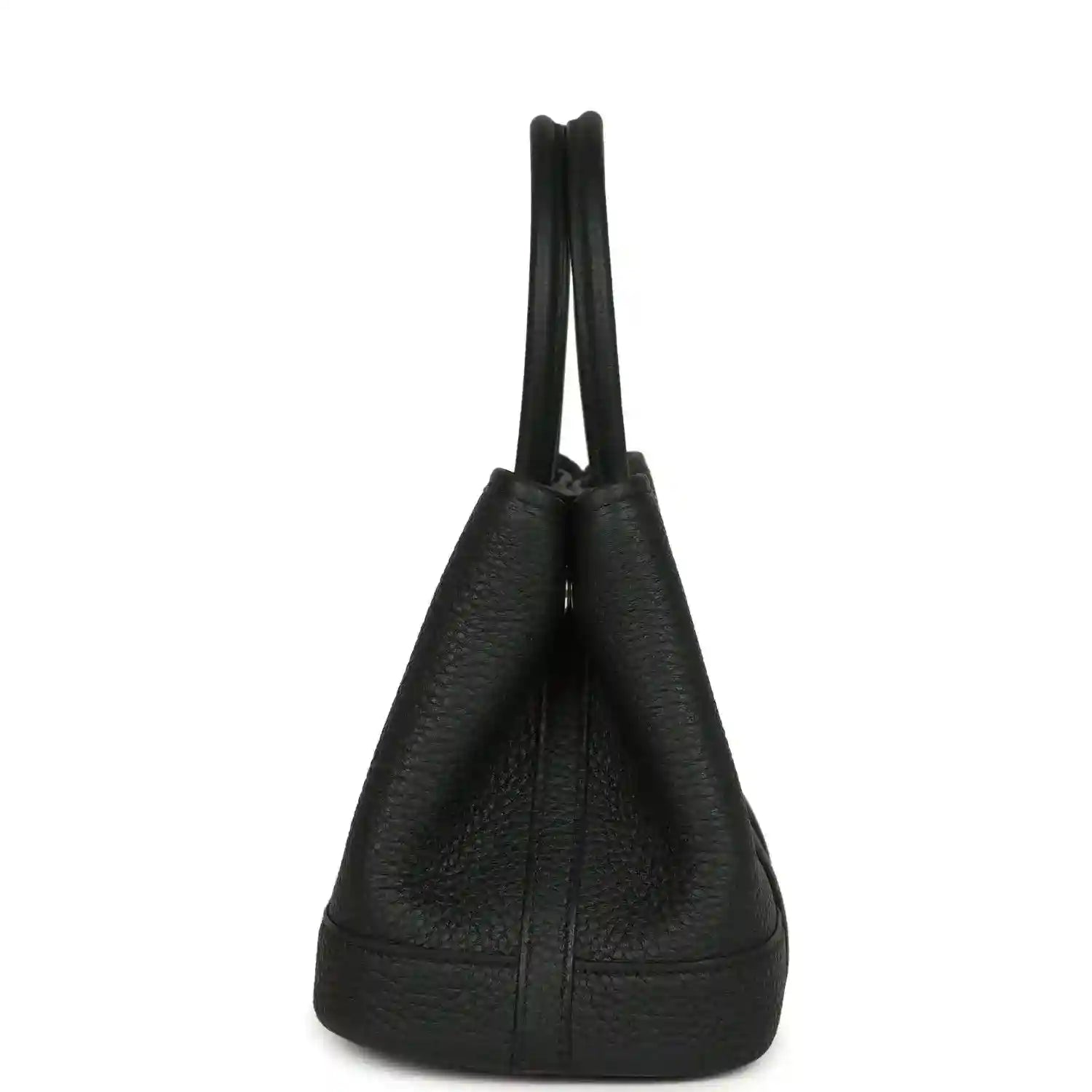 Black leather tote bag with structured bottom and dual top handles