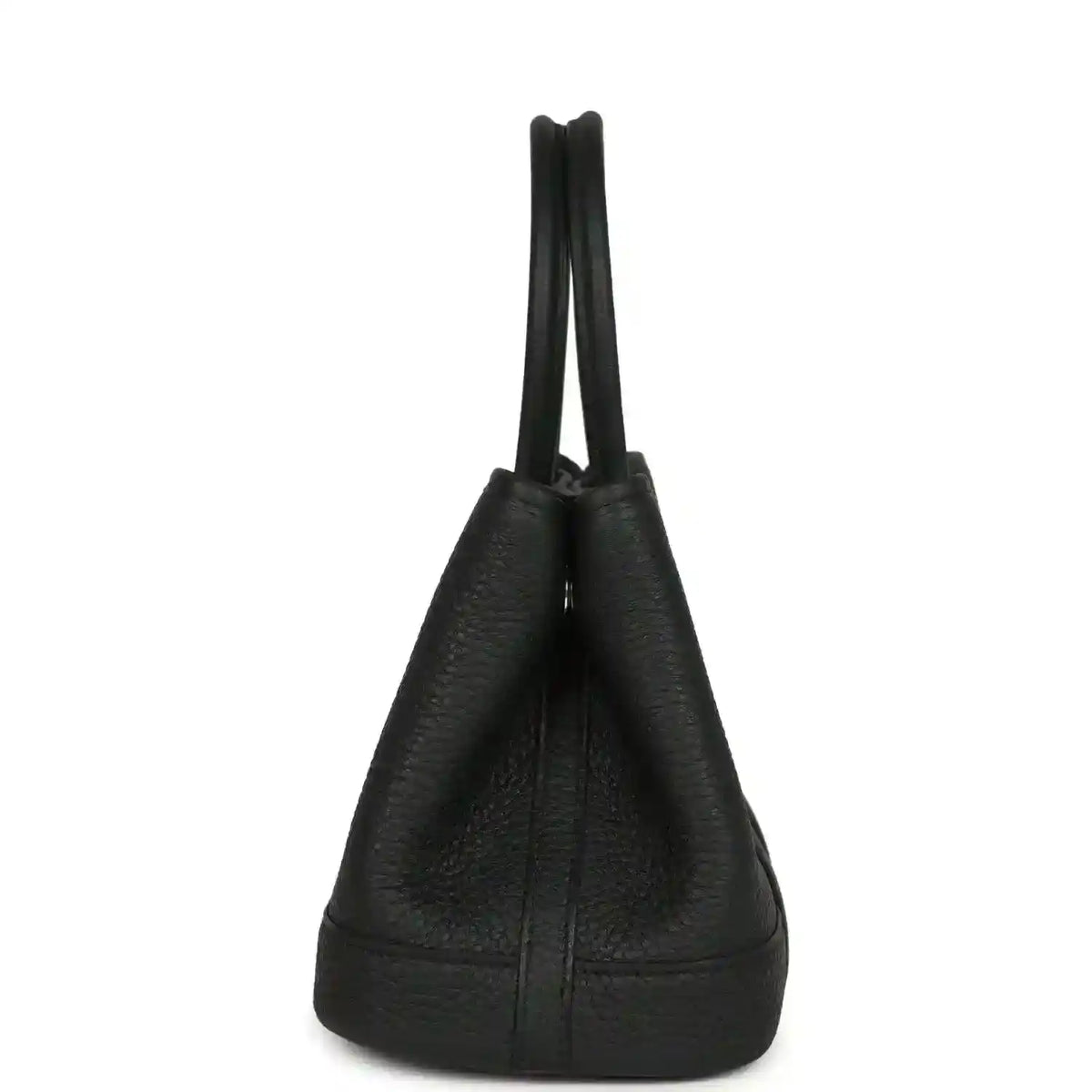 Black leather tote bag with structured bottom and dual top handles