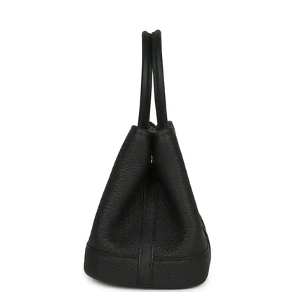 Black leather tote bag with structured bottom and dual top handles