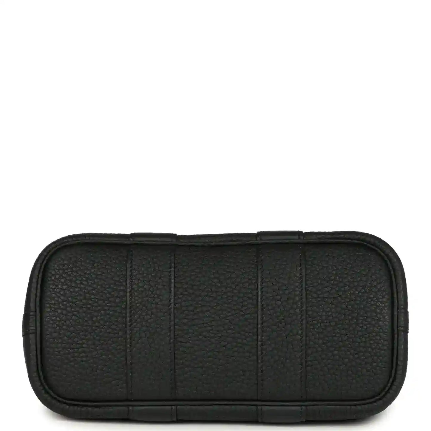 Black leather tote bag back panel with stitched horizontal base seam
