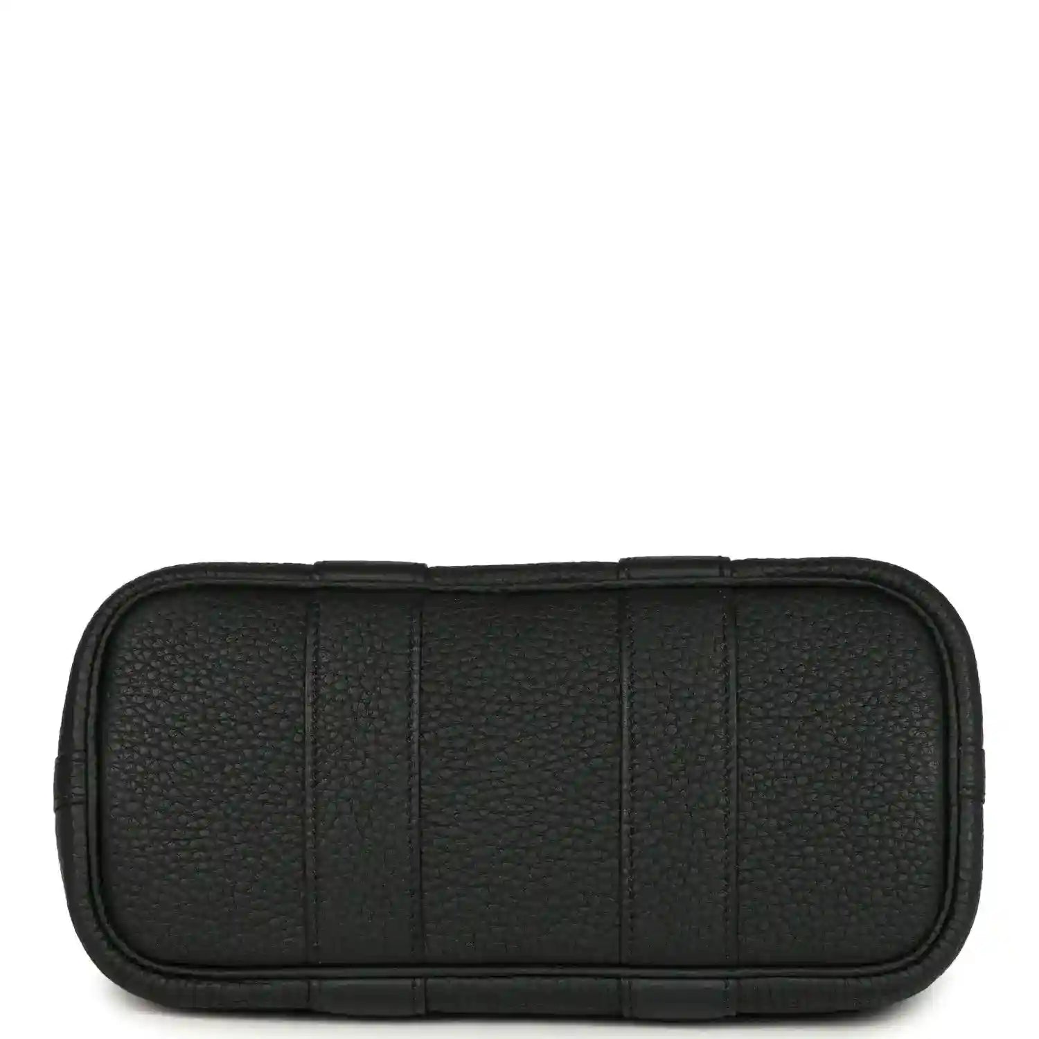 Black leather tote bag back panel with stitched horizontal base seam