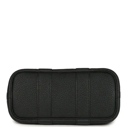 Black leather tote bag back panel with stitched horizontal base seam