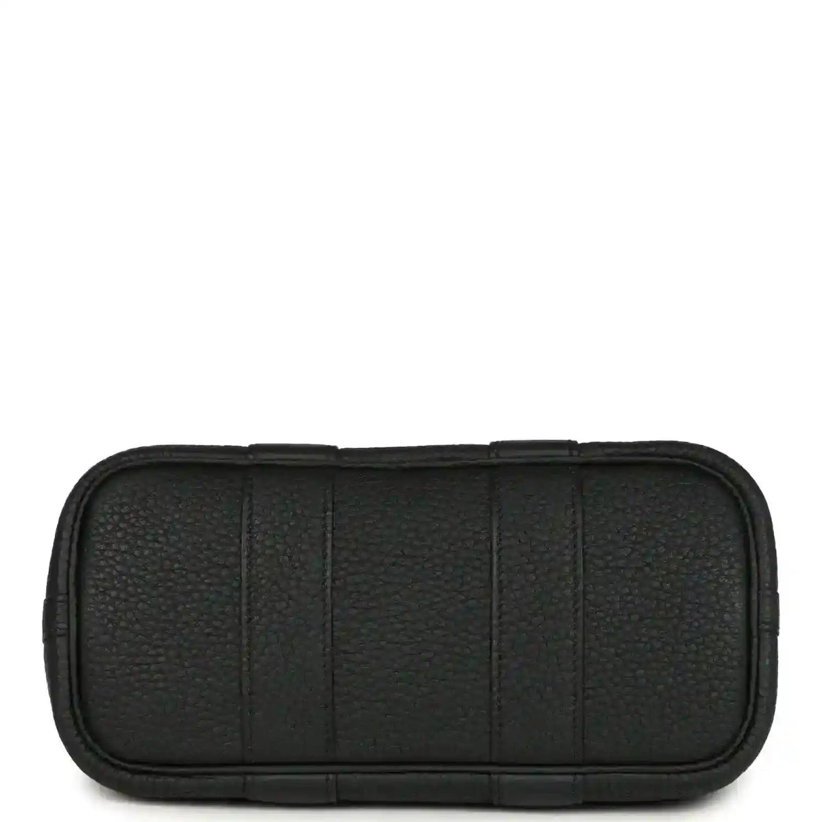 Black leather tote bag back panel with stitched horizontal base seam