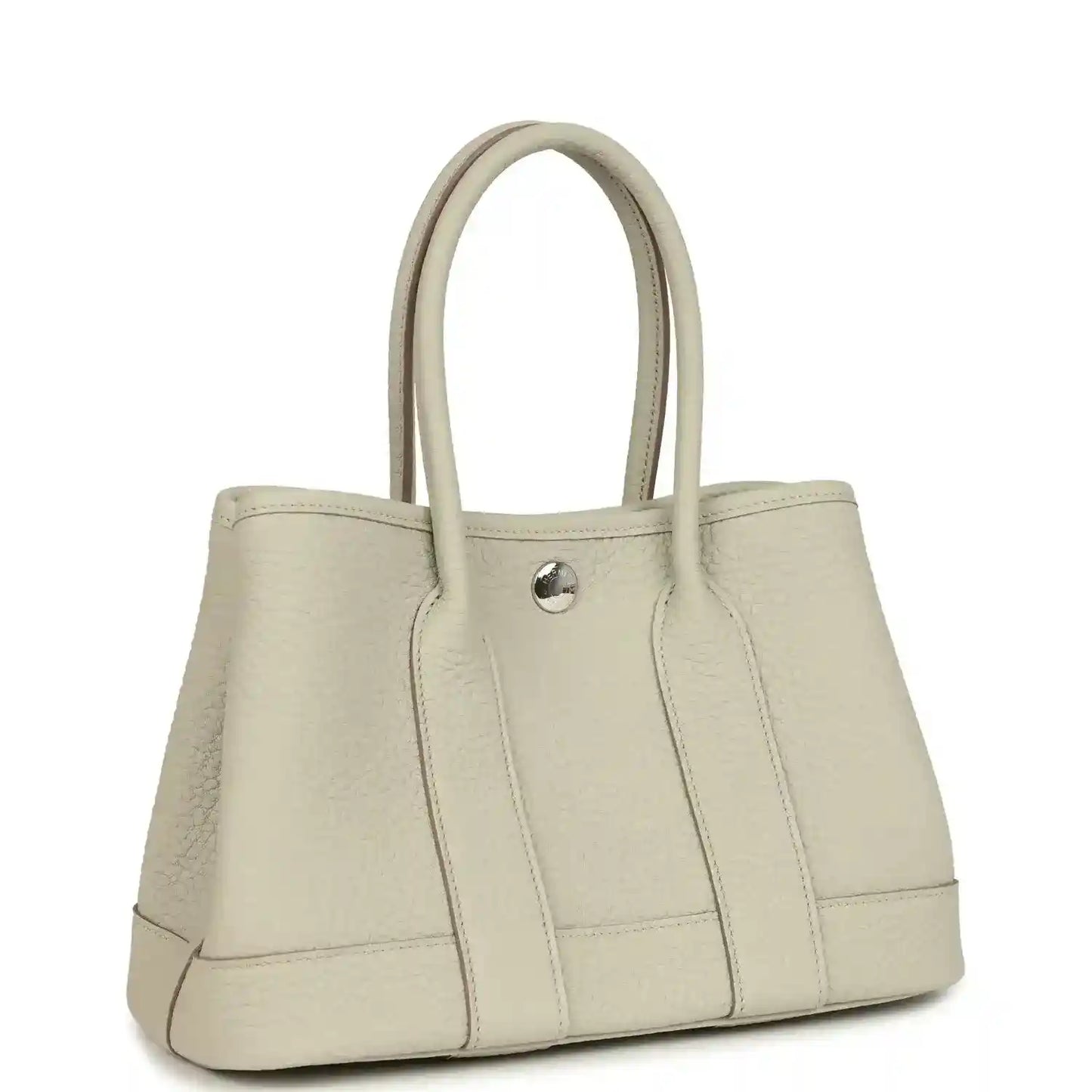 Hermes Garden Party Neo 23 tote bag front view in light beige leather with top handles and center snap