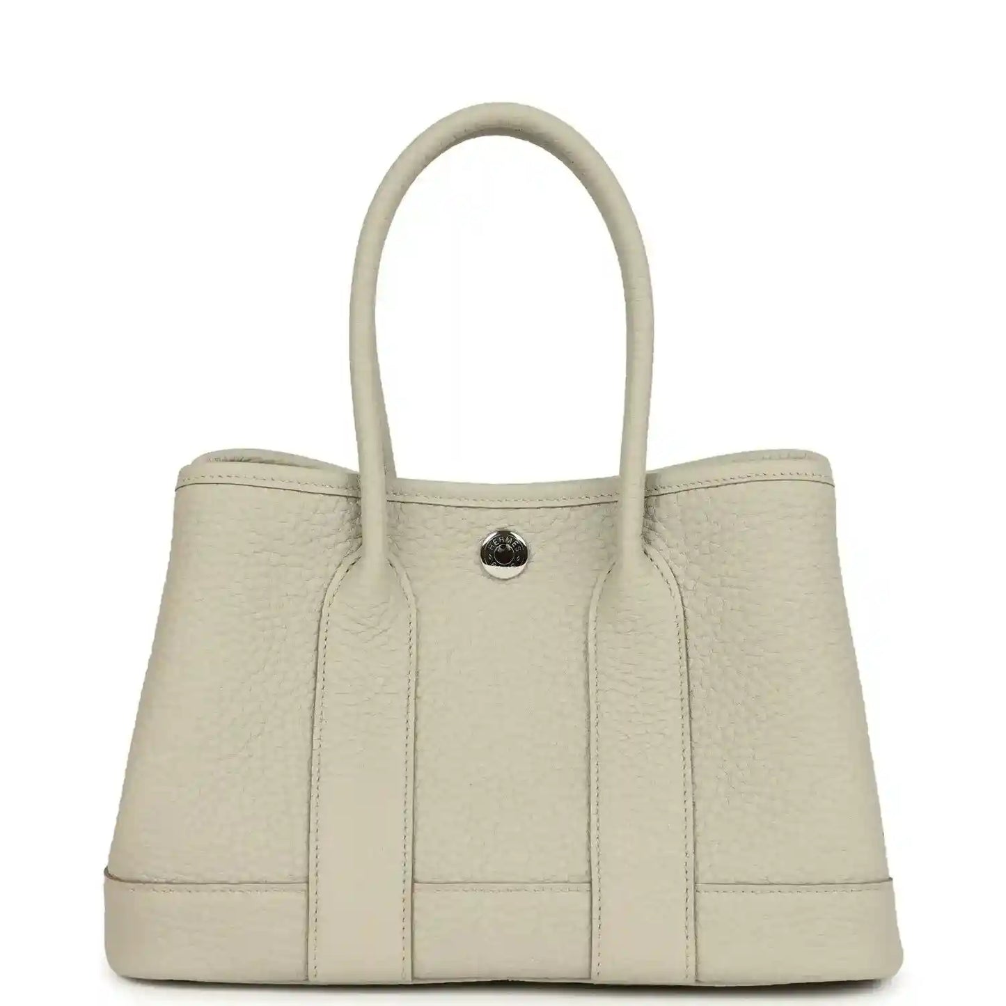 Hermes Garden Party Neo 23 tote bag front view in light beige leather with round front clasp