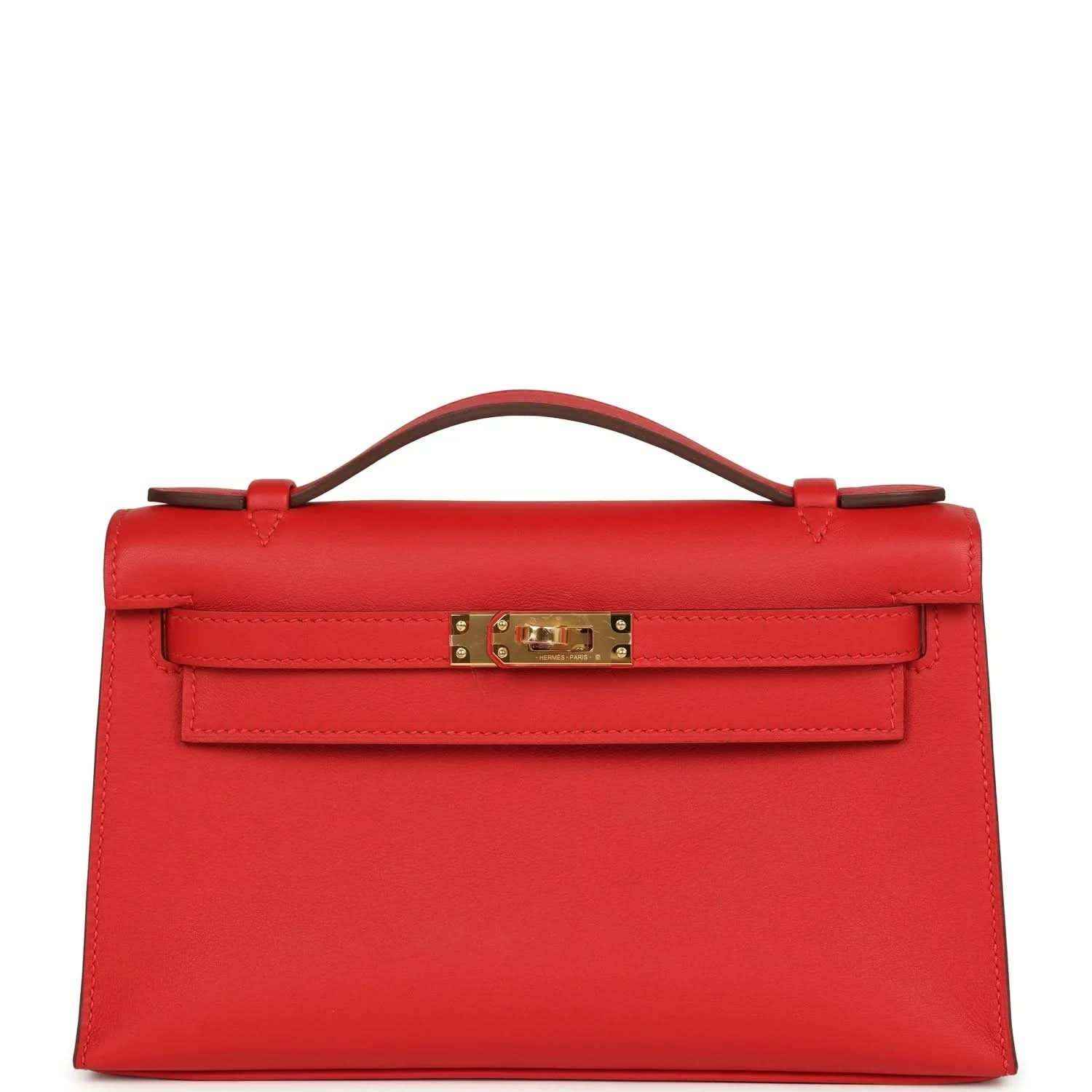 Red leather pochette with gold-tone clasp and top handle
