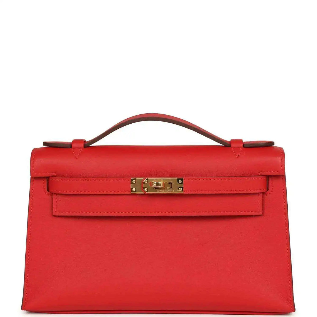 Red leather pochette with gold-tone clasp and top handle