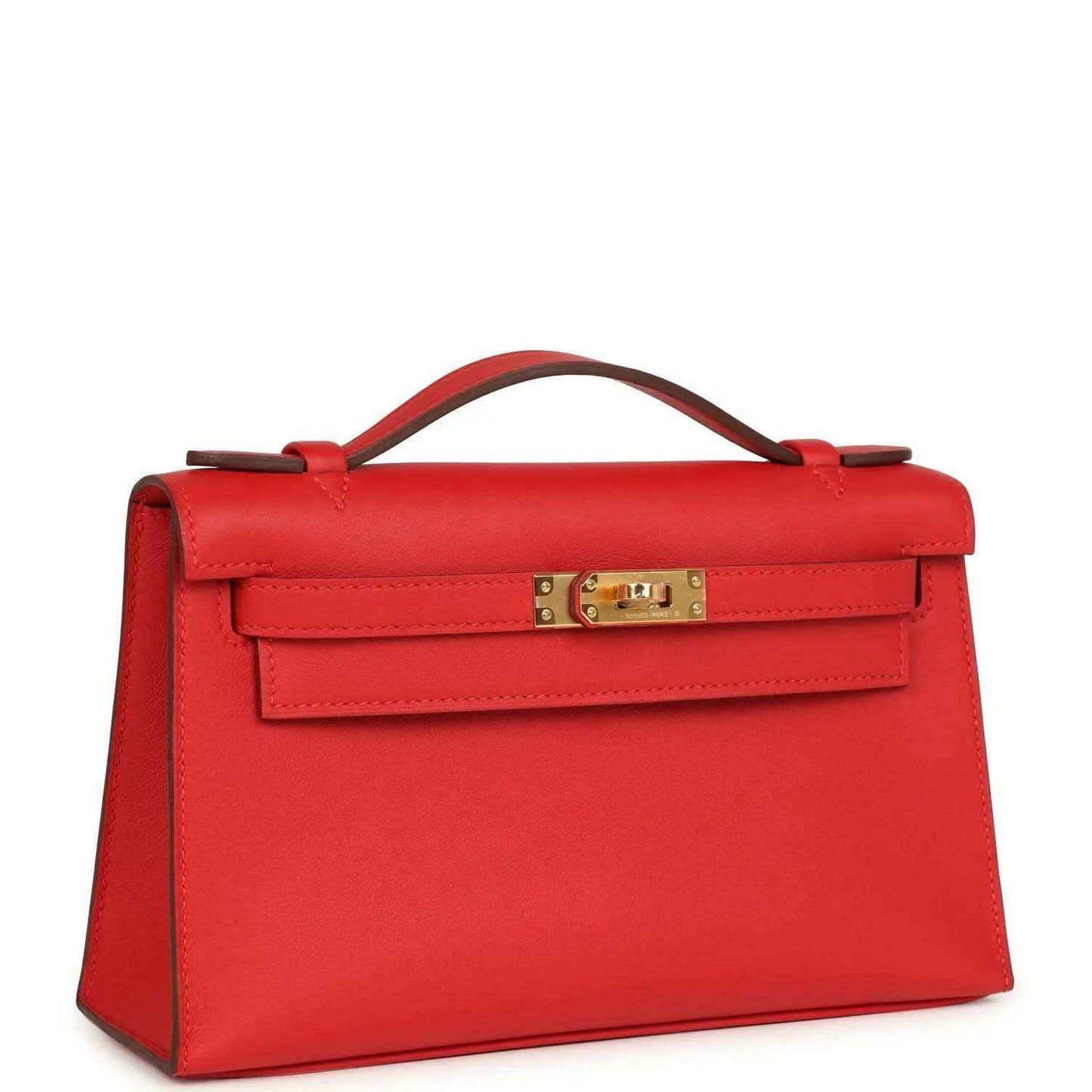 Red leather pochette with gold-tone front clasp and structured top handle