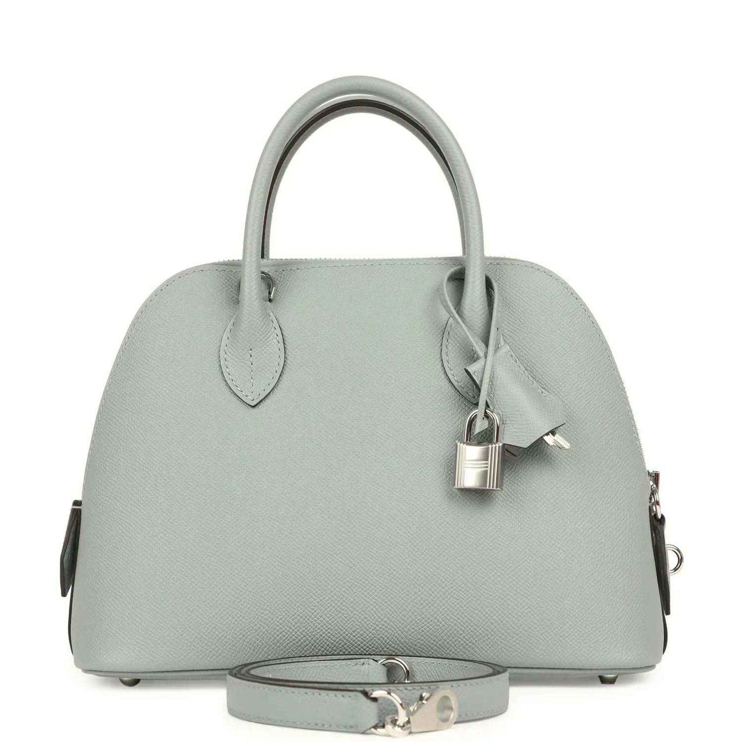 Light gray leather handbag with top handles, structured dome shape, silver-tone clasp