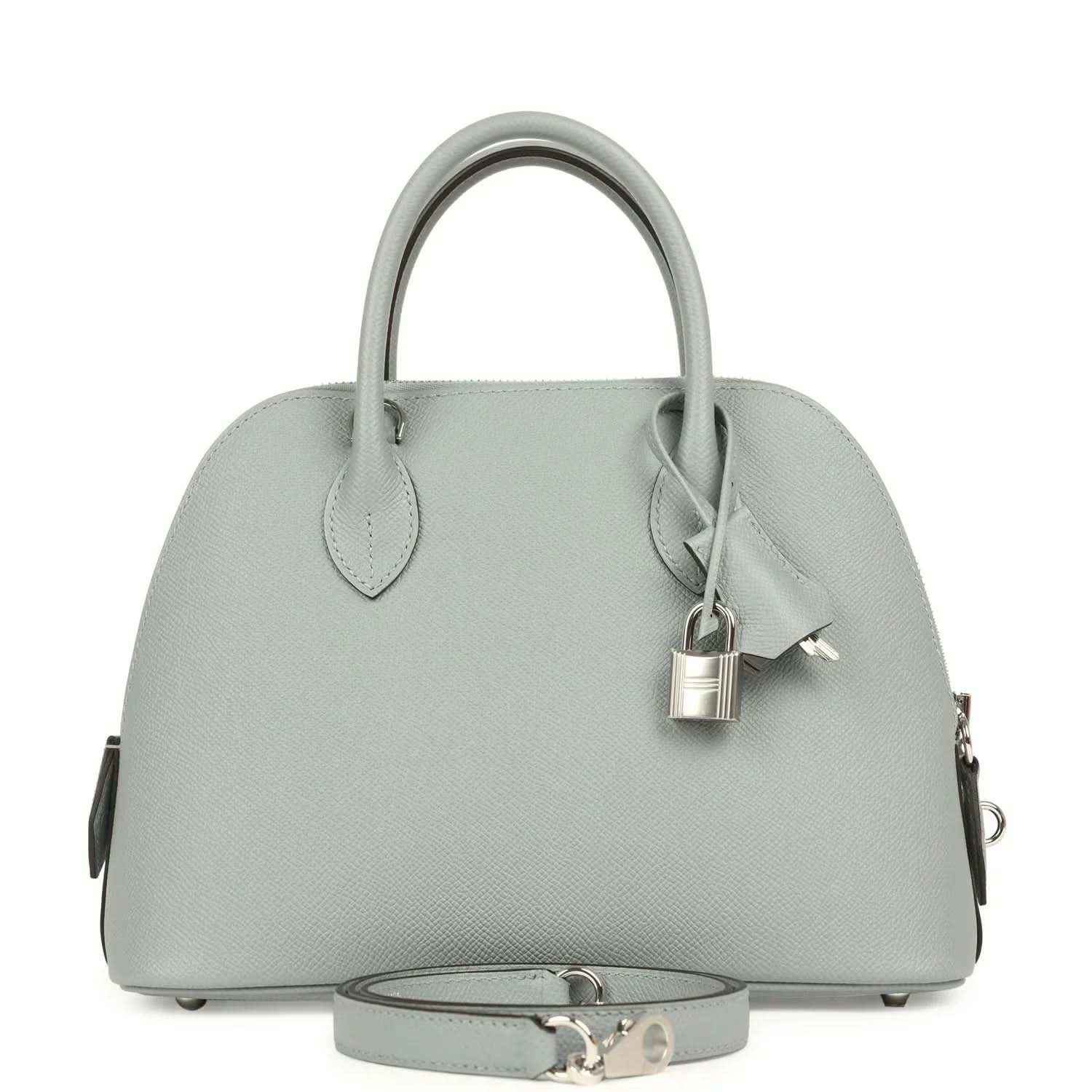 Light gray leather handbag with top handles, structured dome shape, silver-tone clasp