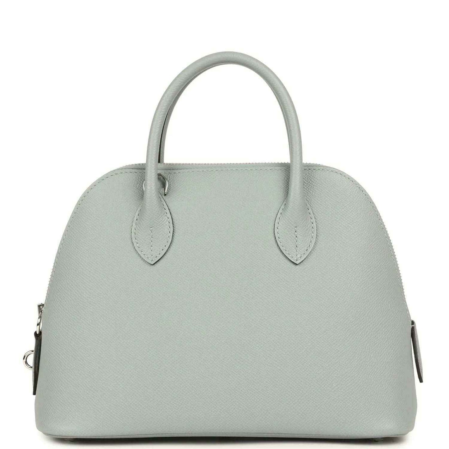 Light gray leather handbag front with two top handles and silver-tone hardware accents