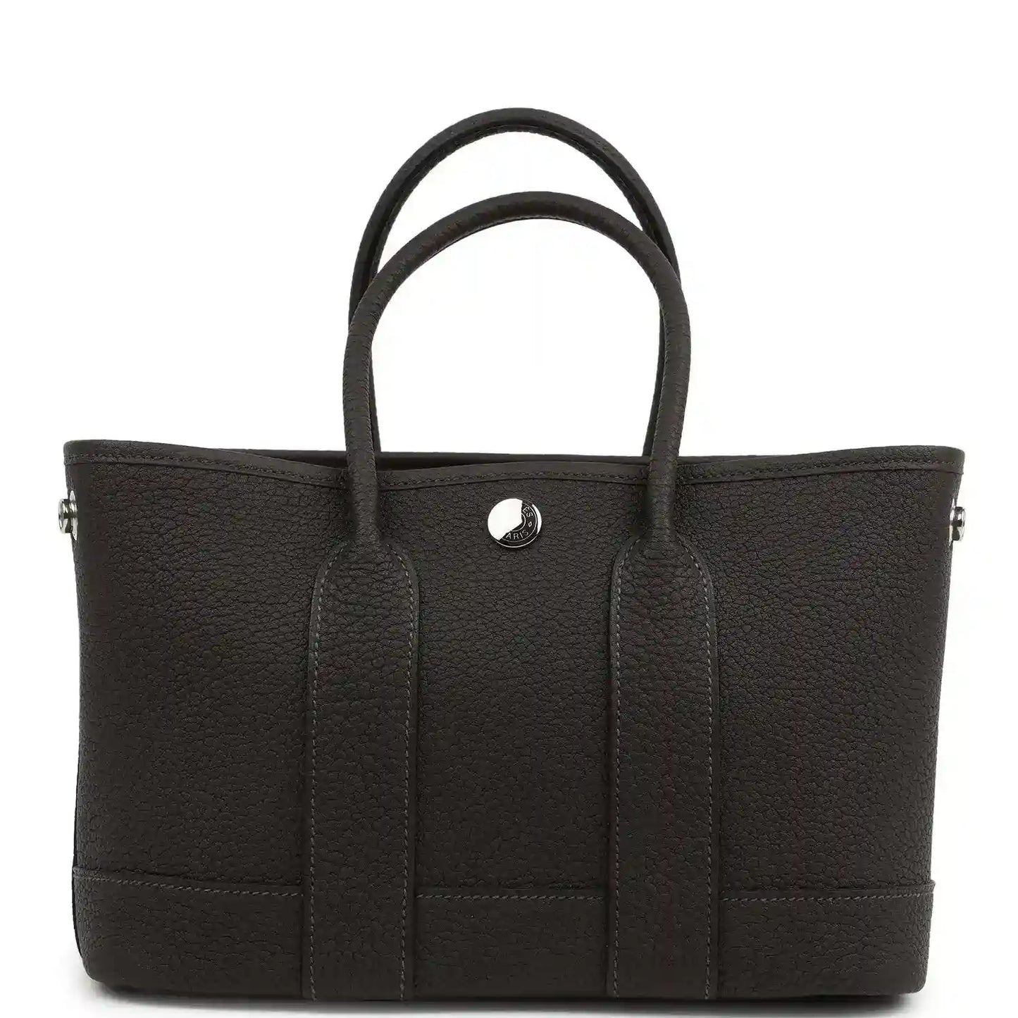 Leather tote bag with top handles, front patch pockets and center button