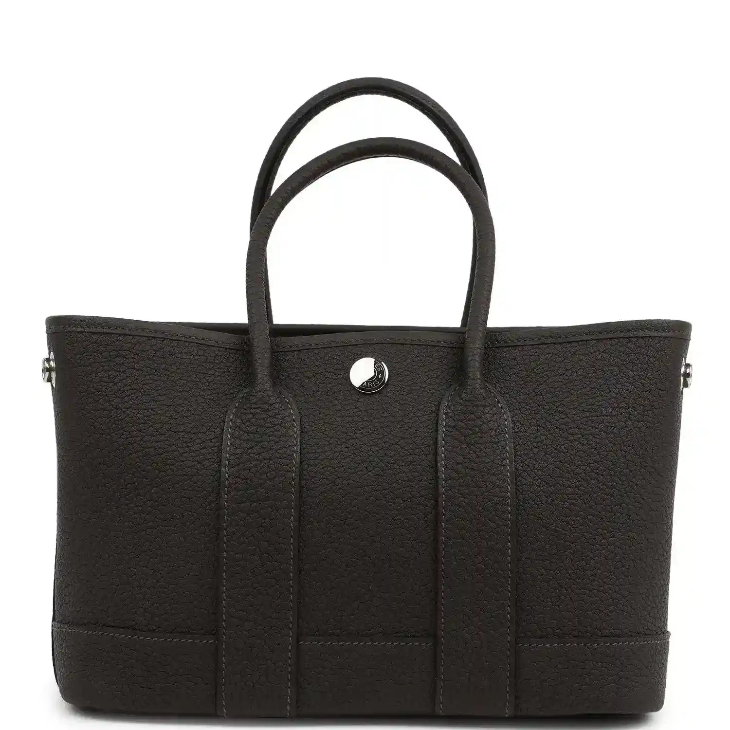 Leather tote bag with top handles, front patch pockets and center button