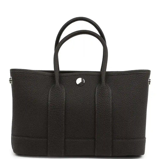 Leather tote bag with top handles, front patch pockets and center button