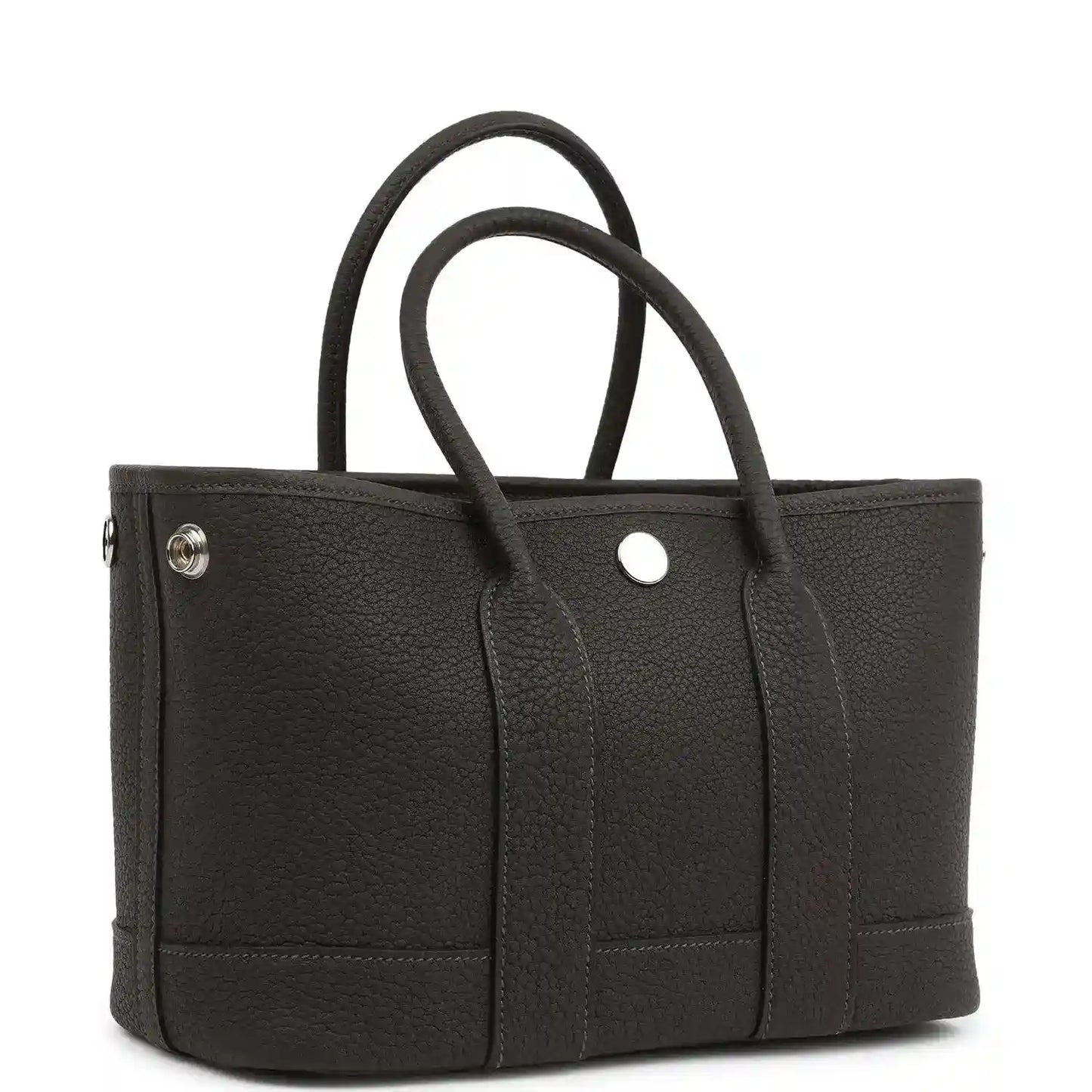 Leather tote bag with top handles, front panel pockets and small metal snap