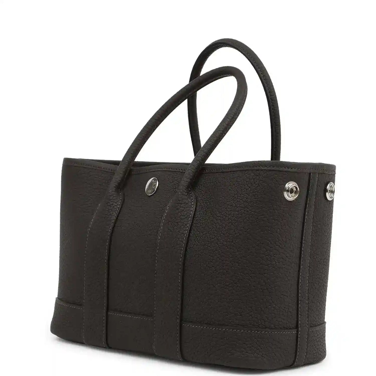 Leather tote bag with top handles and side front pockets, metal snap hardware