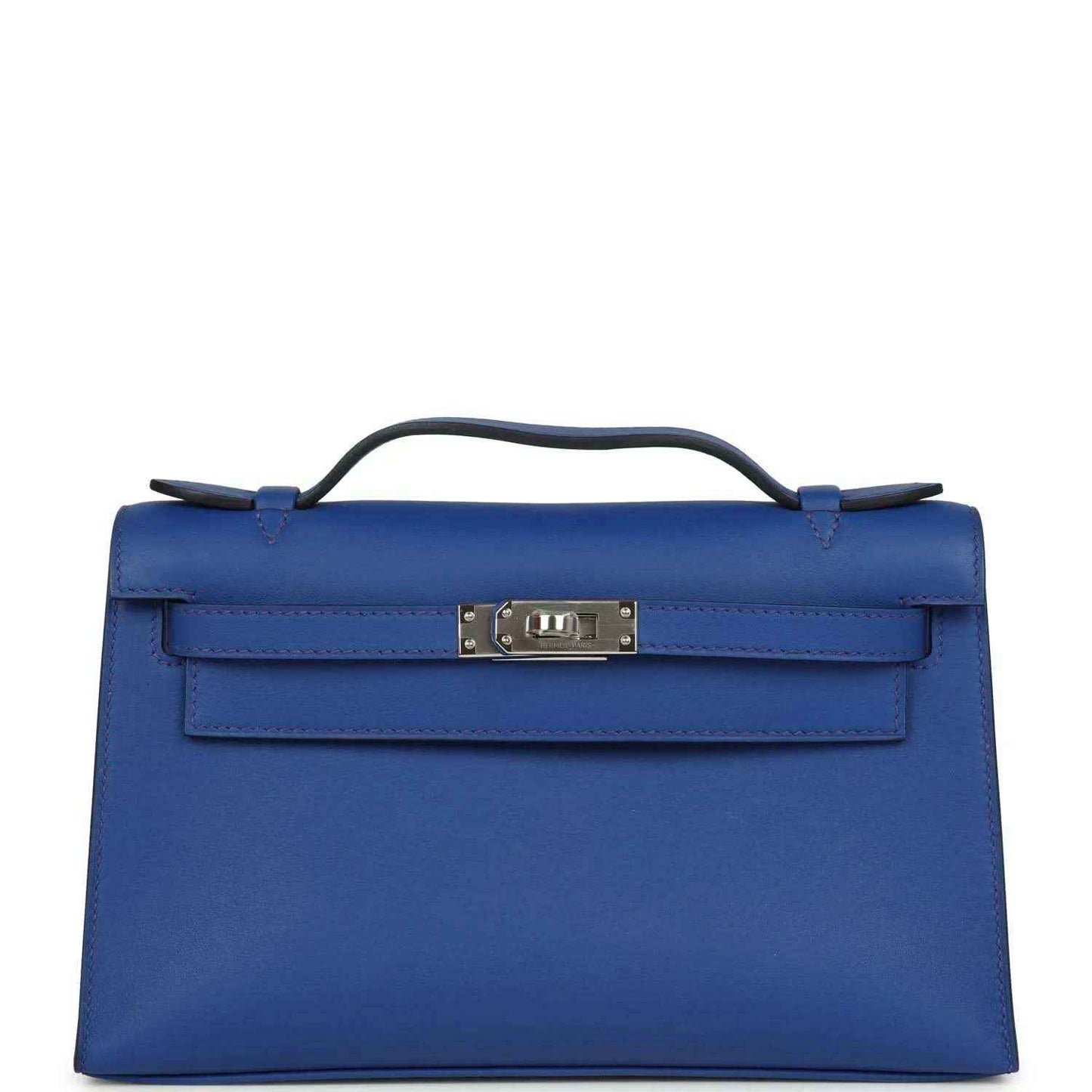 Hermes Kelly Pochette royal blue leather with front flap and palladium-tone clasp