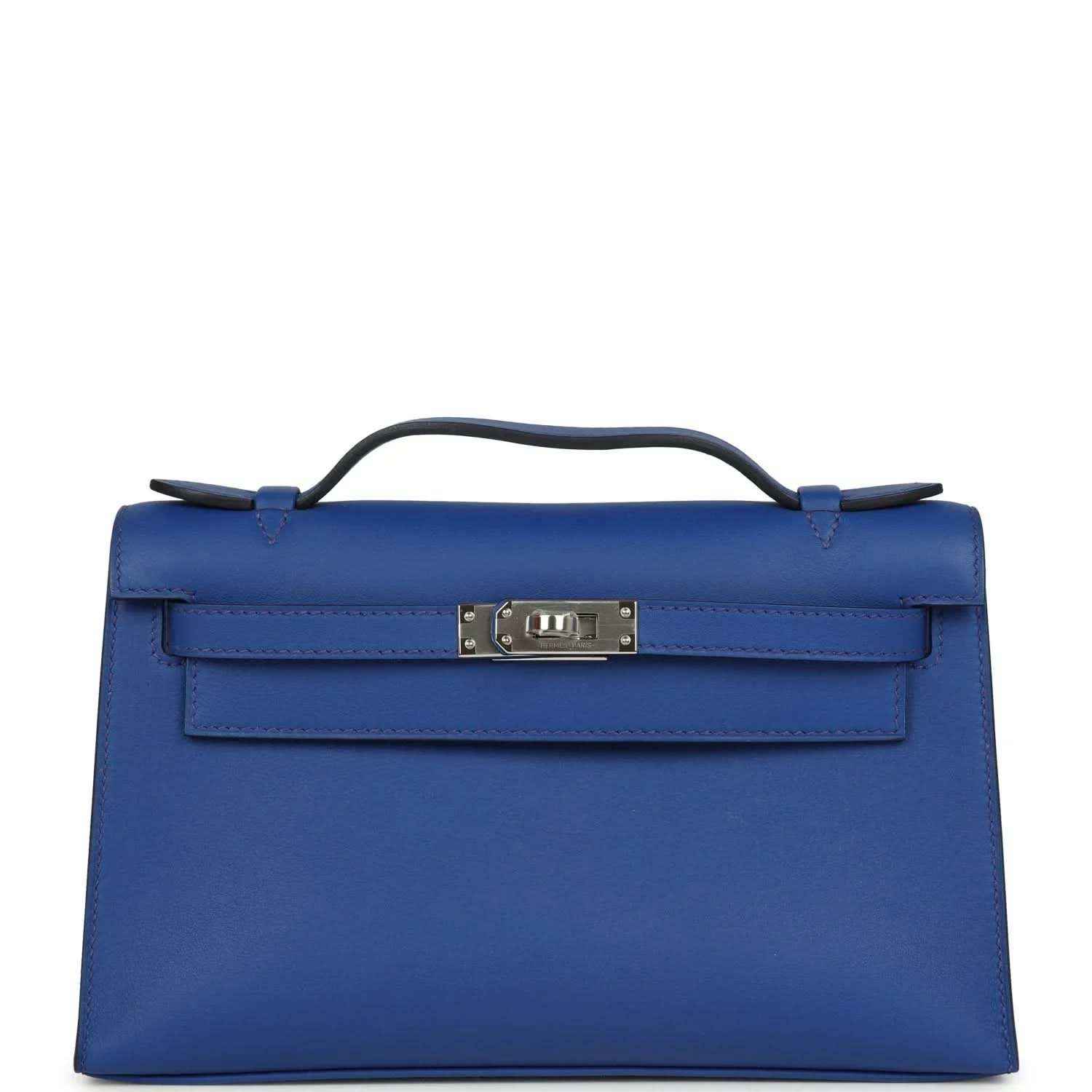 Hermes Kelly Pochette royal blue leather with front flap and palladium-tone clasp