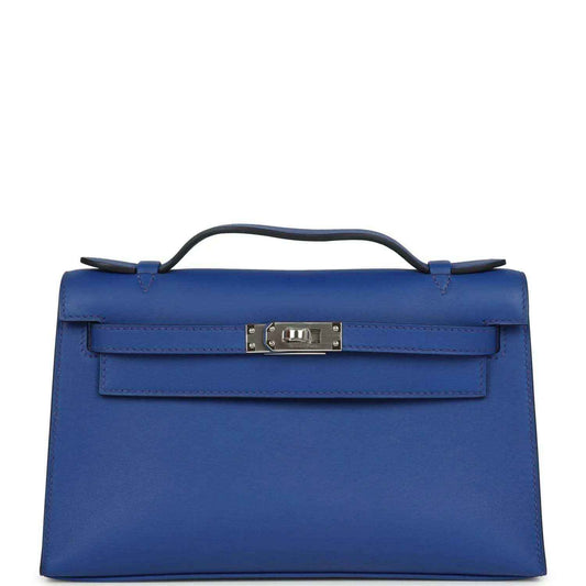 Hermes Kelly Pochette royal blue leather with front flap and palladium-tone clasp