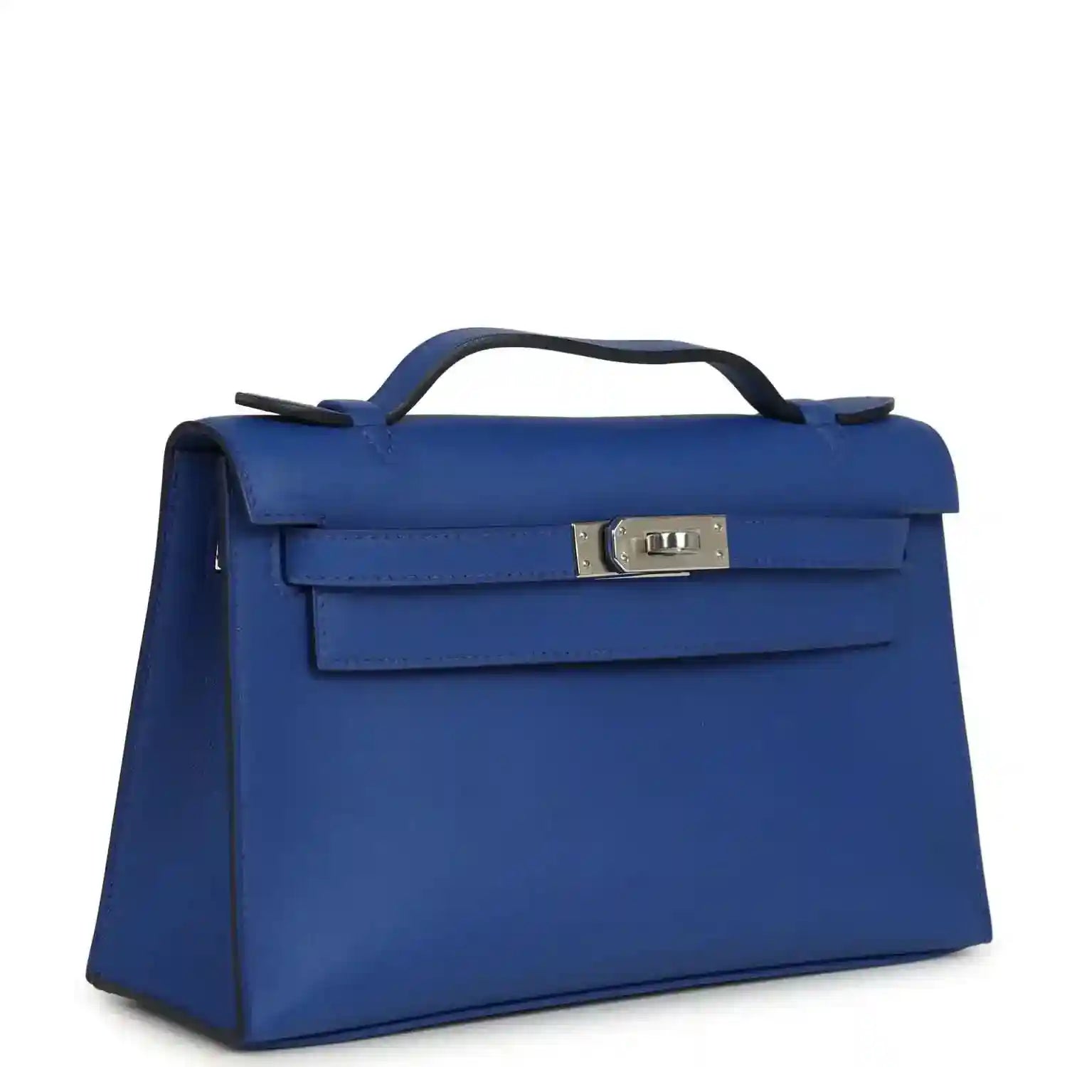 Hermes Kelly Pochette royal blue leather with front flap and palladium-tone clasp