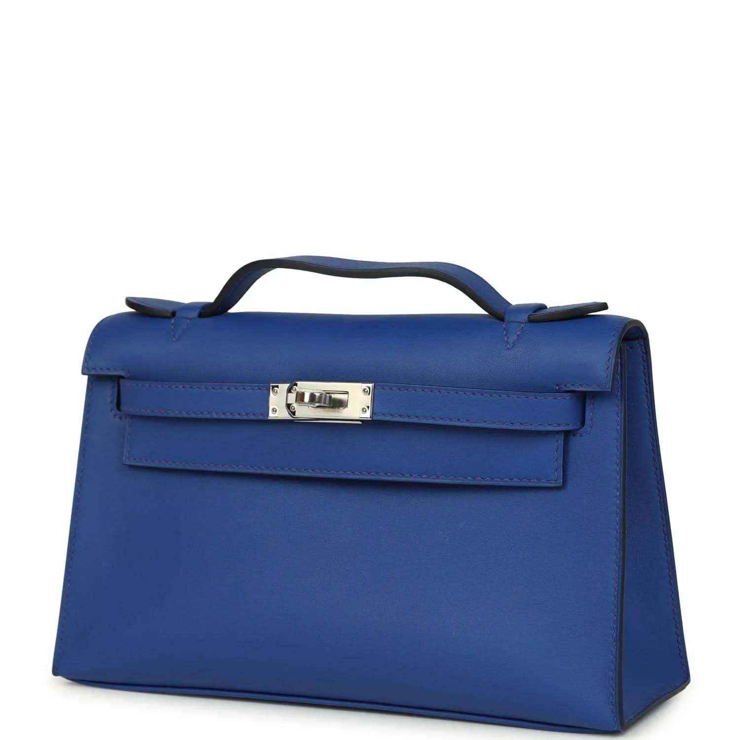 Hermes Kelly Pochette royal blue leather with front flap and top handle