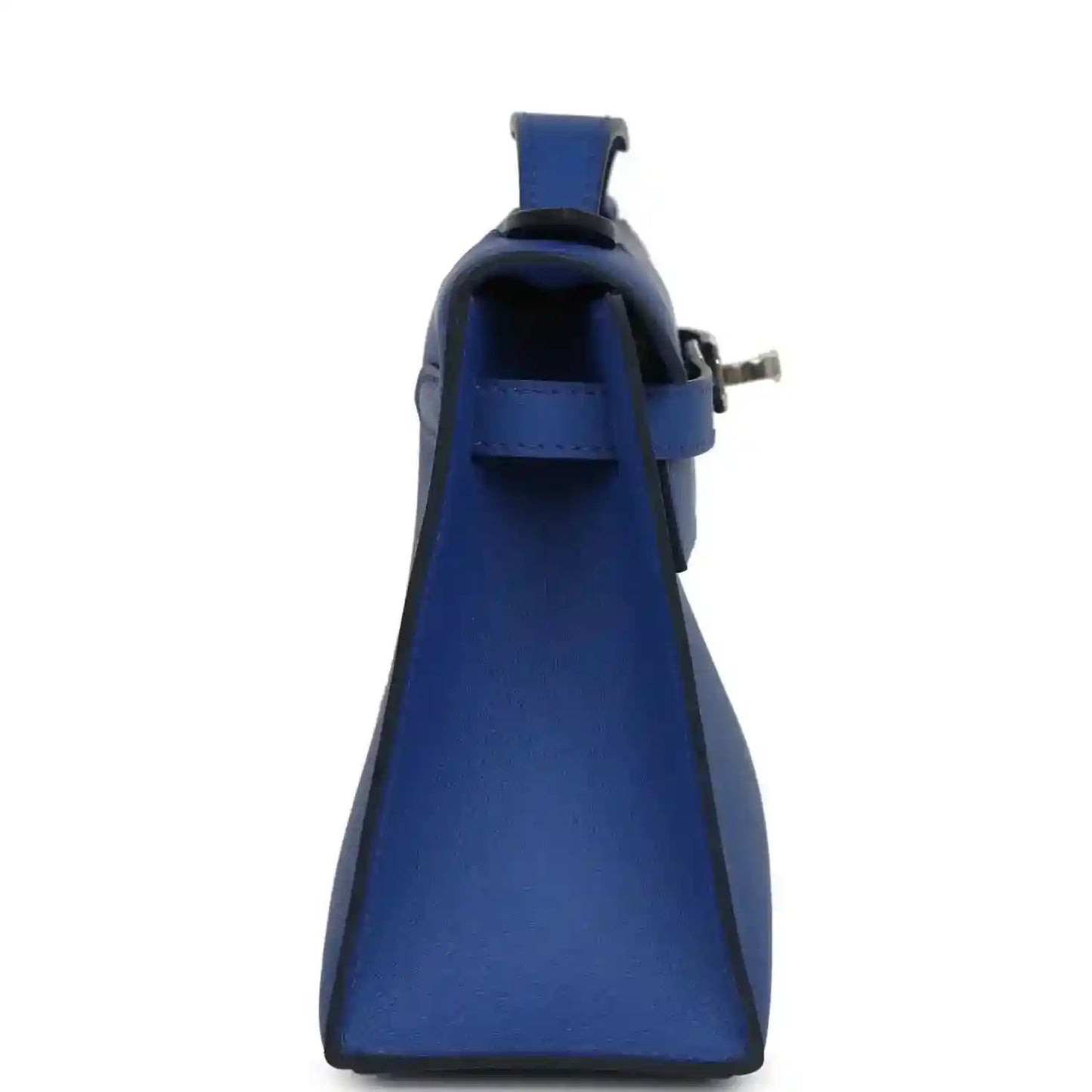 Hermes Kelly Pochette royal blue leather with top handle and side opening view