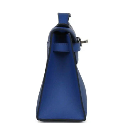 Hermes Kelly Pochette royal blue leather with top handle and side opening view