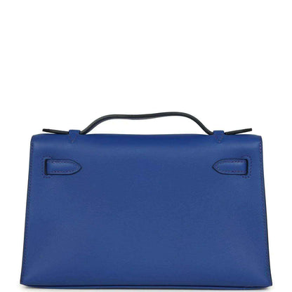 Hermes Kelly Pochette royal blue leather back with two stitched handle loops