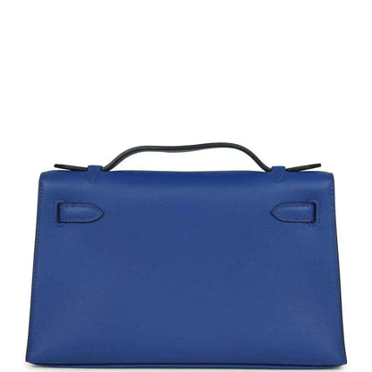 Hermes Kelly Pochette royal blue leather back with two stitched handle loops
