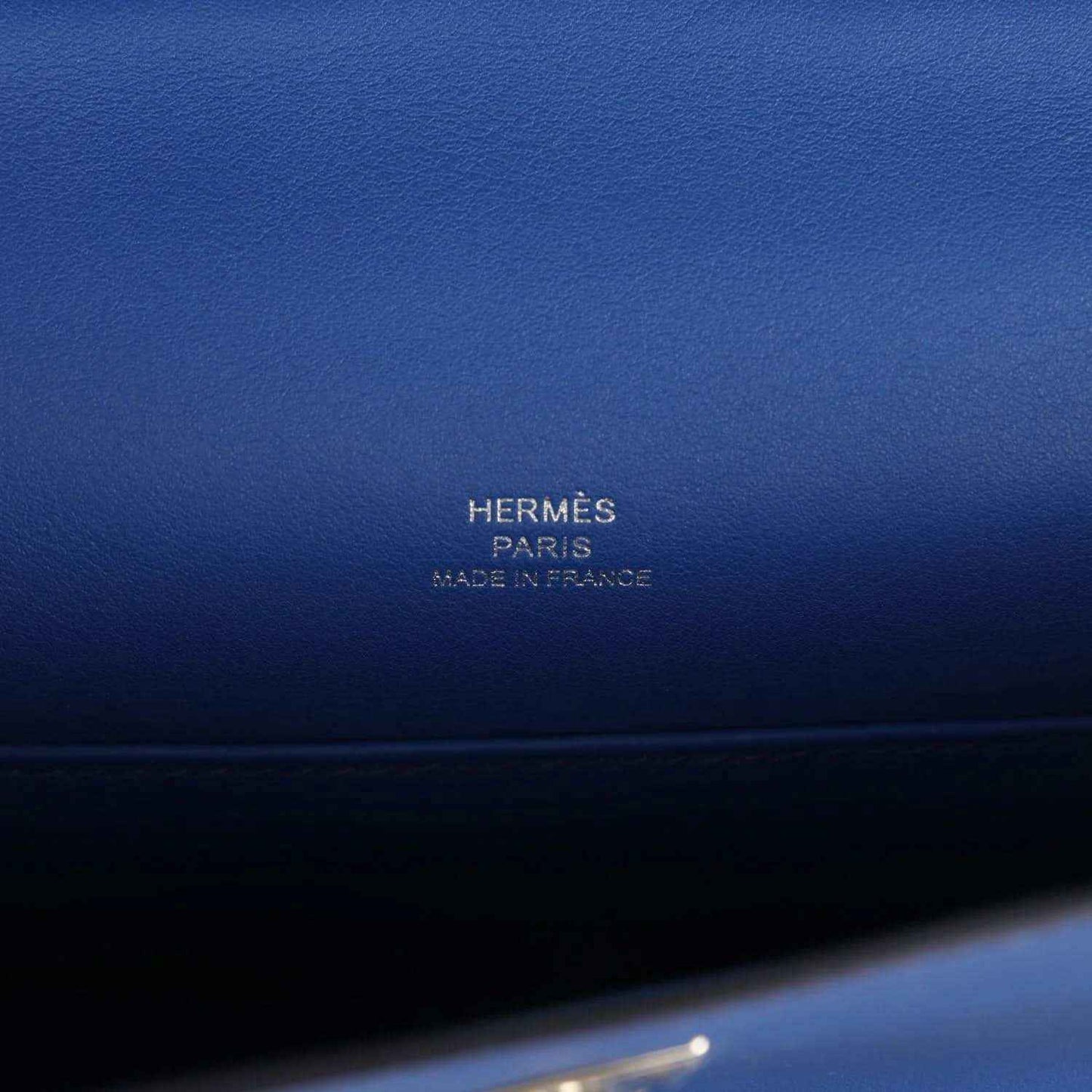 Hermes stamp on royal blue leather: Hermes Paris, Made in France