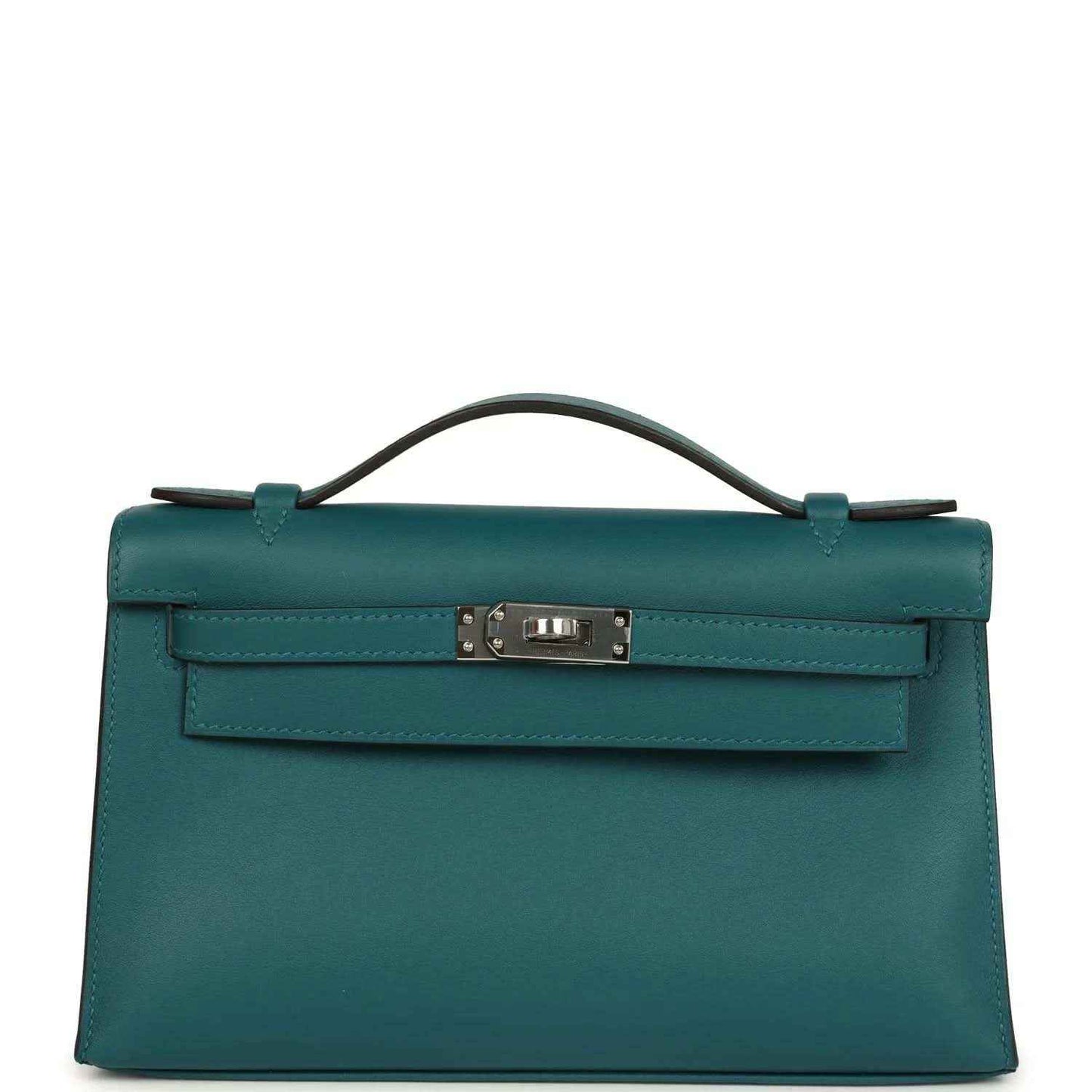 Teal green leather top-handle bag with front flap and silver-toned clasp hardware.