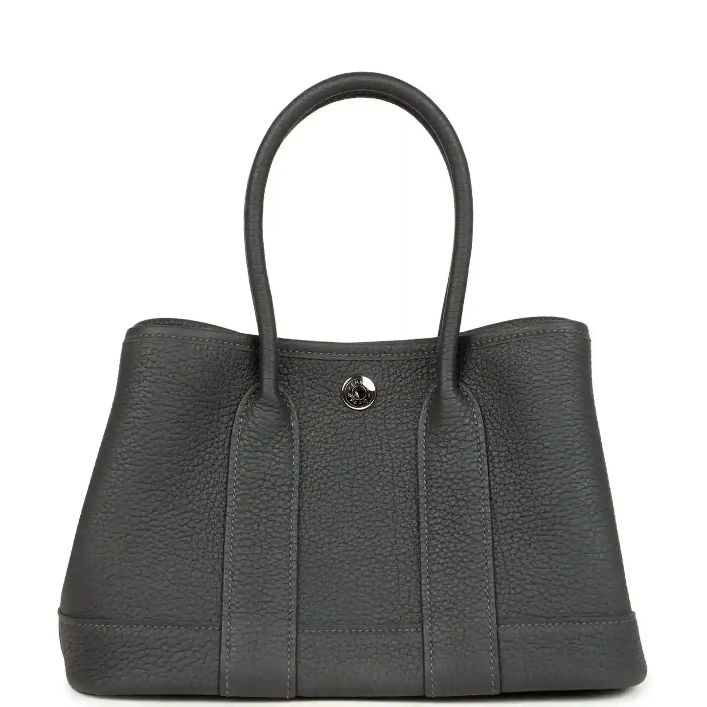 Dark gray leather tote bag with top handles and round front logo clasp