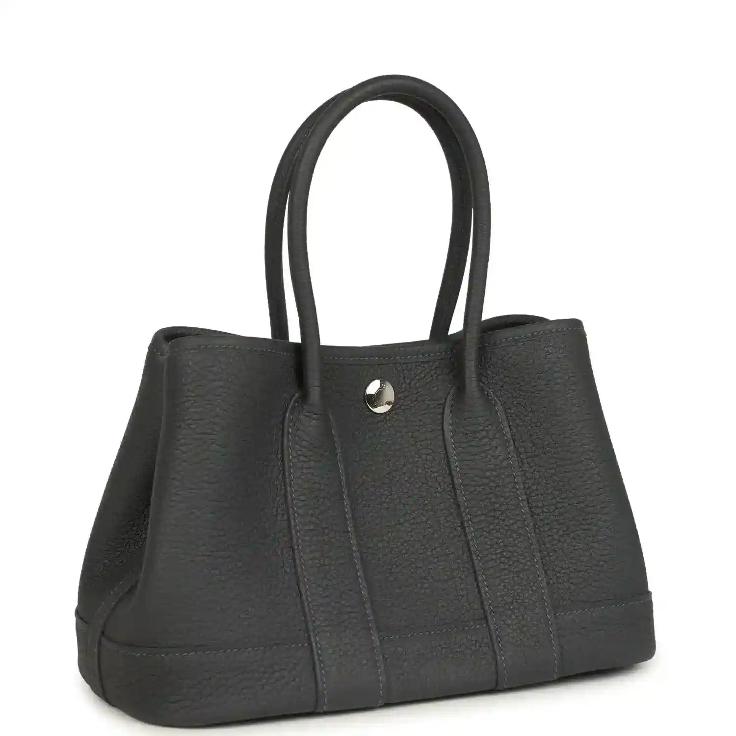 Dark gray leather tote bag with top handles and front seam panels