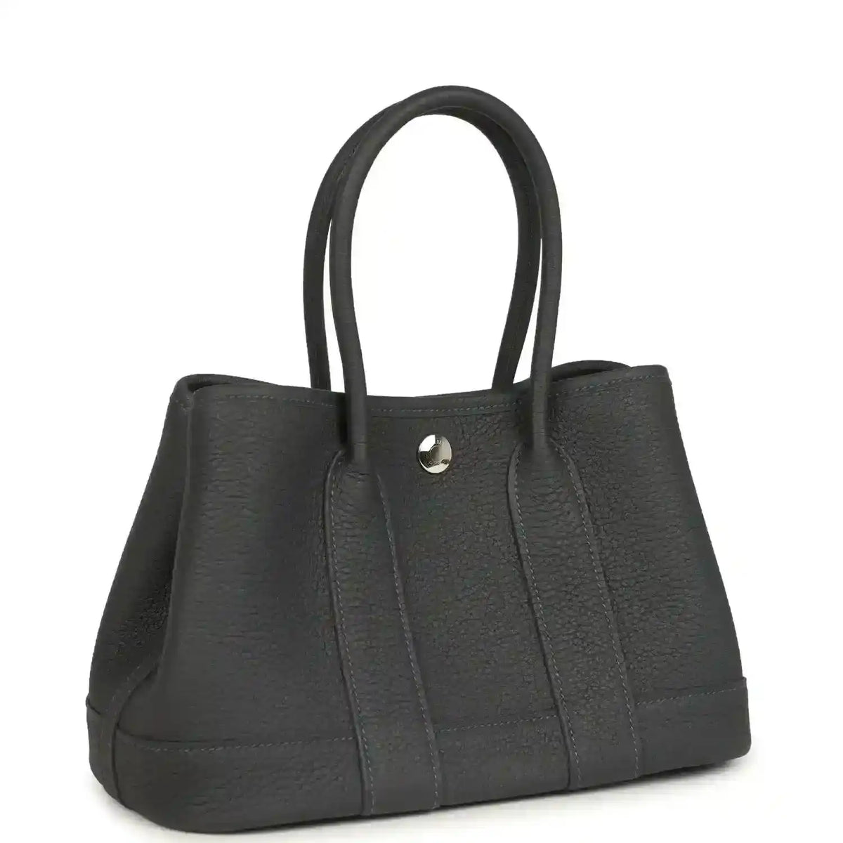 Dark gray leather tote bag with top handles and front seam panels