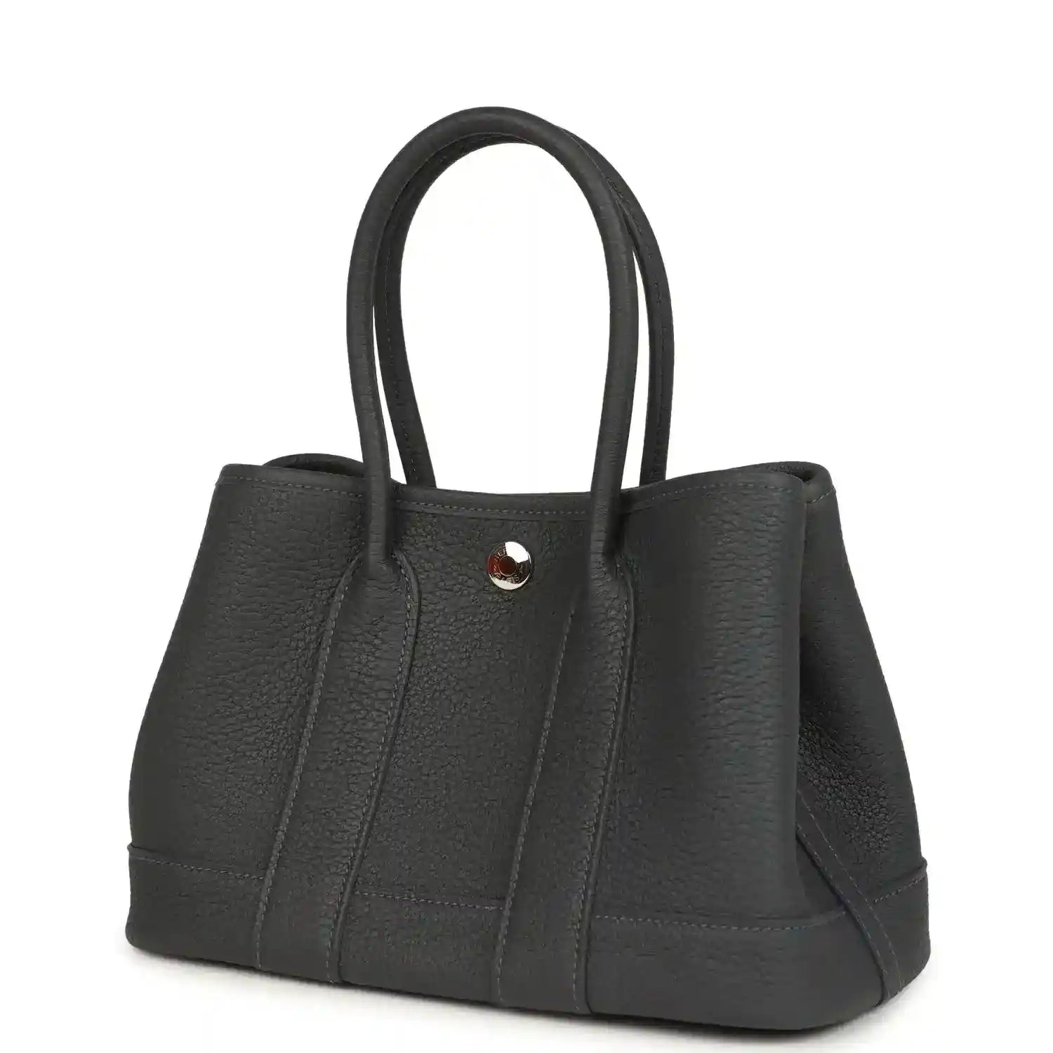 Dark gray leather tote bag with top handles, curved bottom, and front panel seams