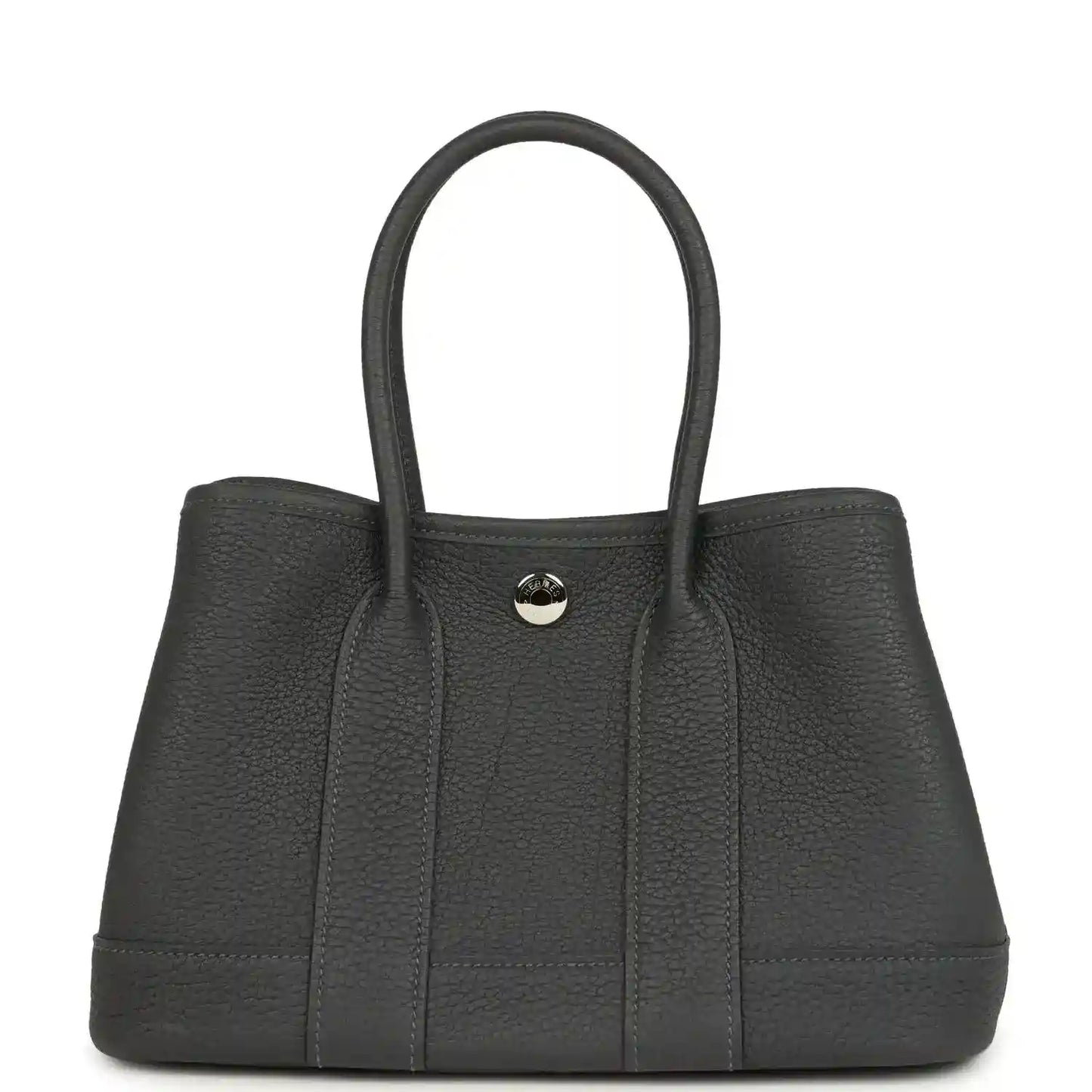 Dark gray leather tote bag with top handles and centered round front clasp