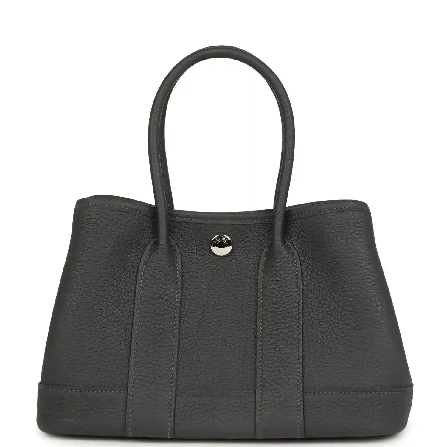 Dark gray leather tote bag with top handles and centered round front clasp