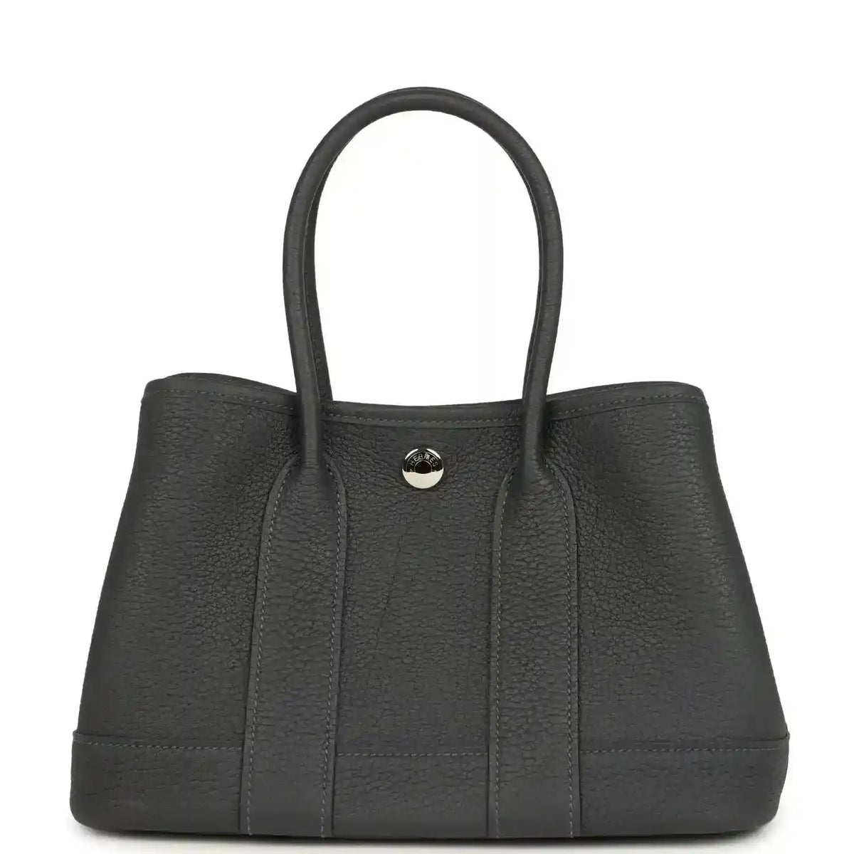 Dark gray leather tote bag with top handles and centered round front clasp